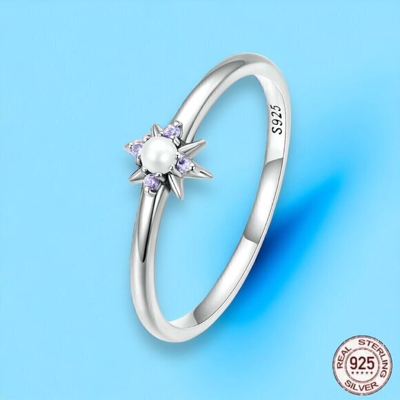 NWT Dainty Star Ring S925 Sterling Silver Pearl Purple Zircon Sz. 7 - Picture 9 of 11